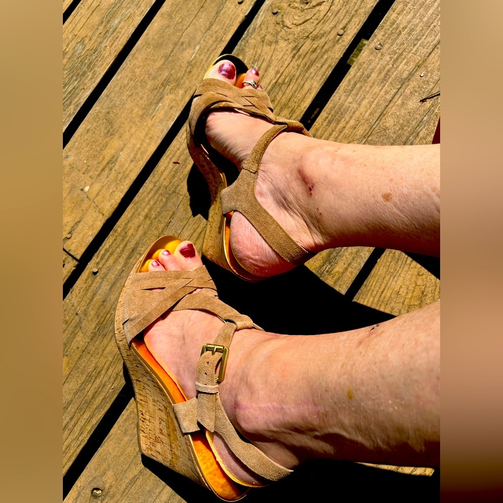 Beautiful pair of suede, tobacco Amber Sandal by Michael Kors